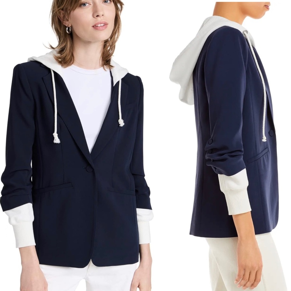 Cinq a Sept Women’s Hooded Relaxed Fit Navy Blue and White Khloe Blazer Jacket - Picture 6 of 15